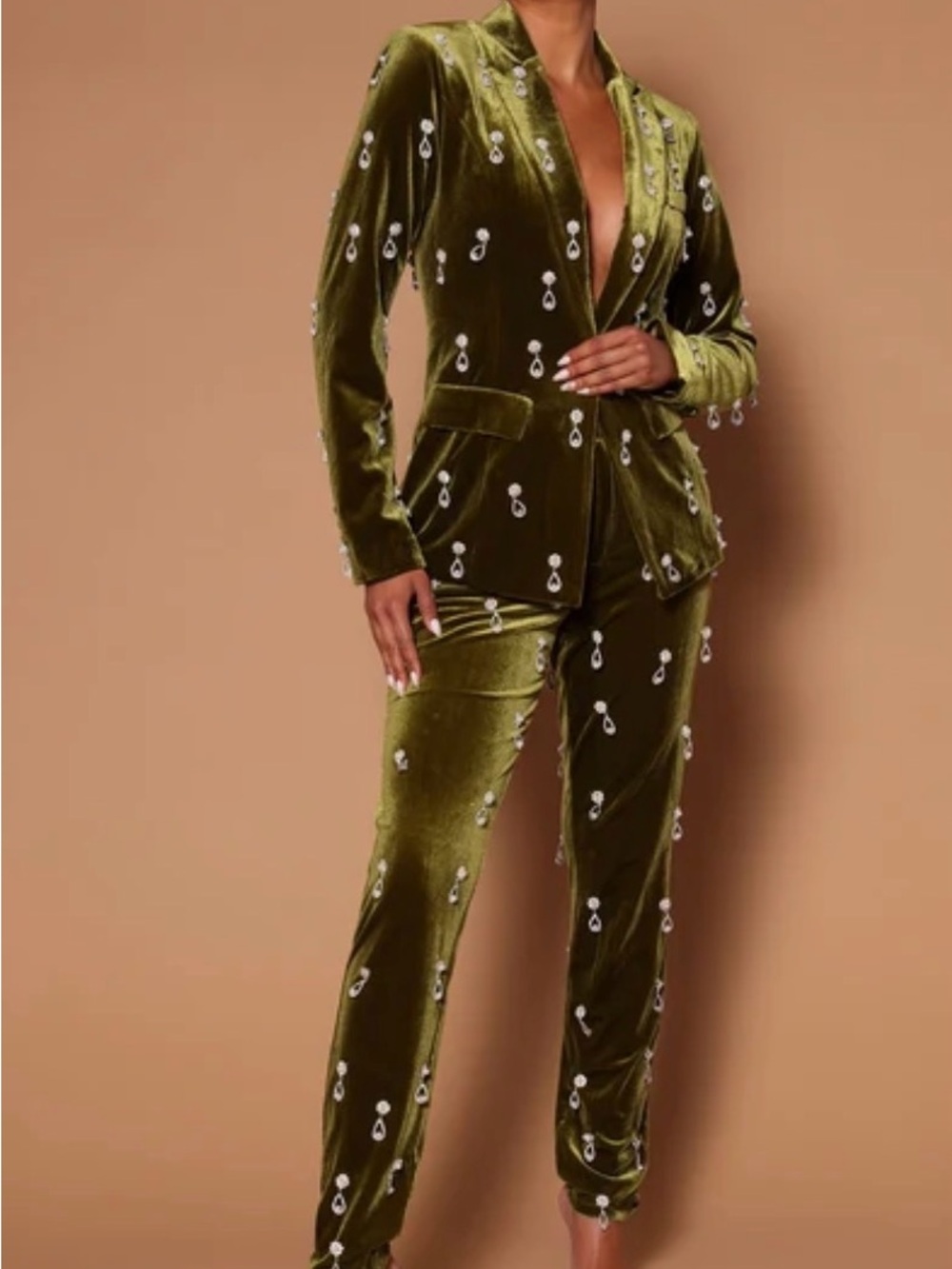 Fashion Nova Luxe Olive Green Velvet Embellished Women's Suit Pants Blazer Set